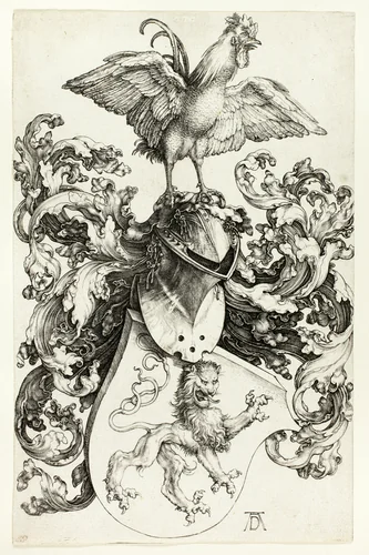 Coat of Arms with Lion and Rooster by Albrecht Dürer, print, 1498-1508