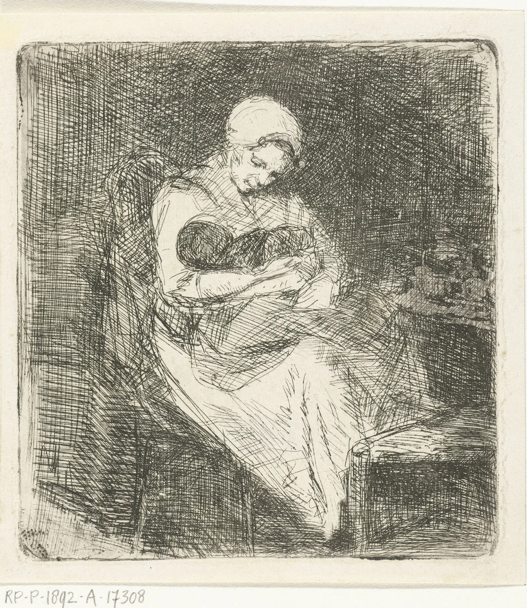 Vrouw zit met een kind in haar armen by Bernardus Johannes Blommers, print, 1855-1892