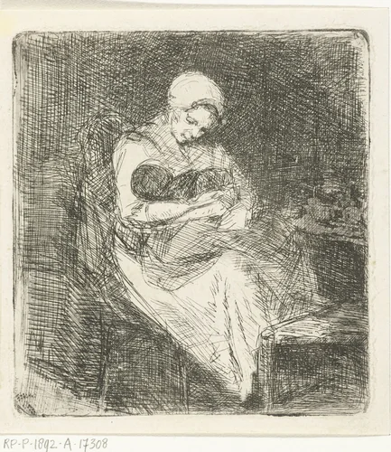 Vrouw zit met een kind in haar armen by Bernardus Johannes Blommers, print, 1855-1892