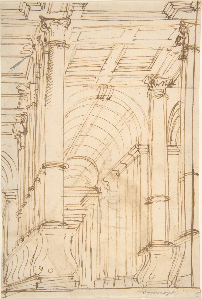 Interior with Columns and Vault by anonymous, drawing, 1600-1699