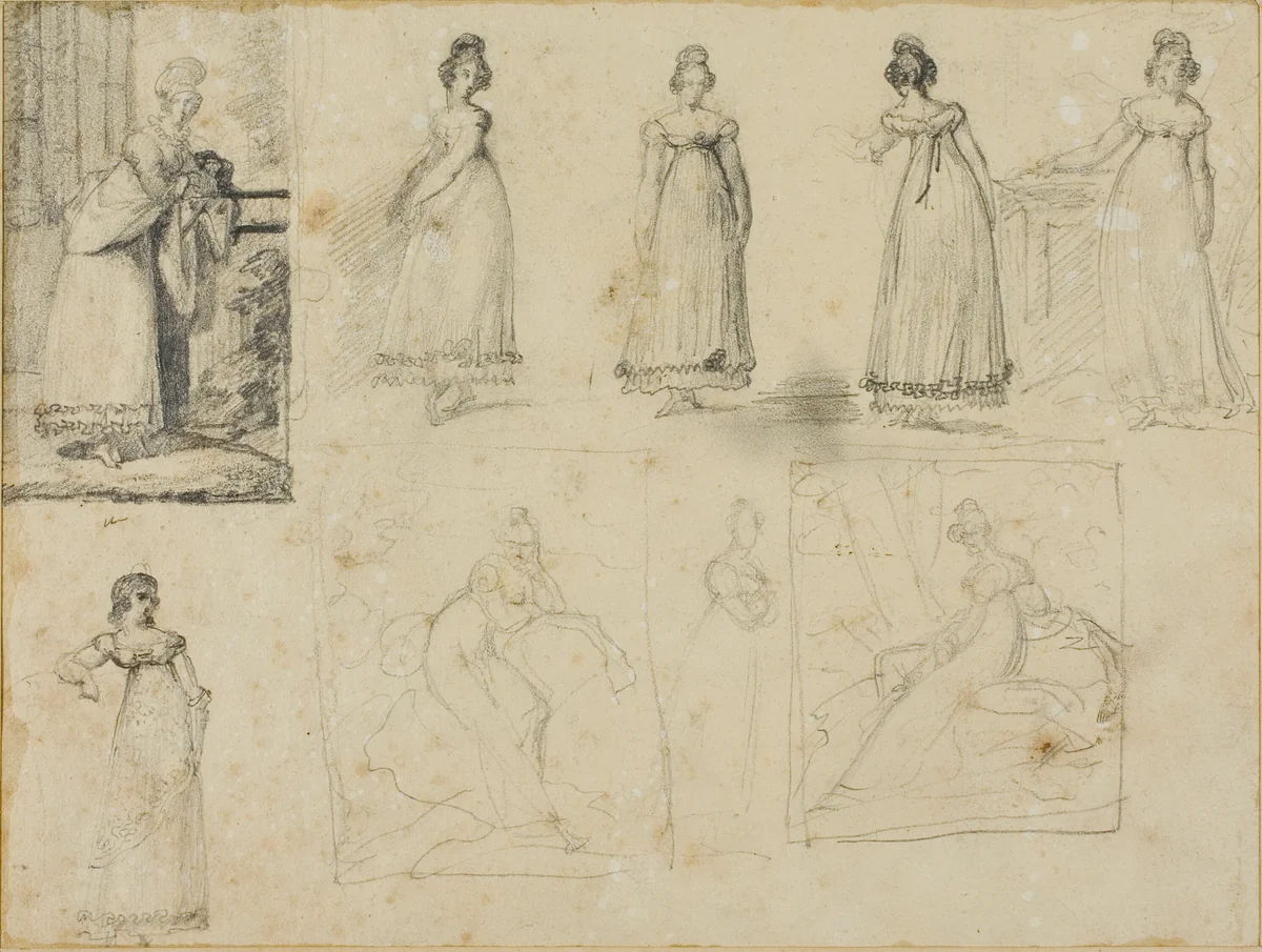 Nine Sketches of a Young Woman in Fashionable Dress by Jean Louis André Théodore Géricault, drawing, 1813-1814