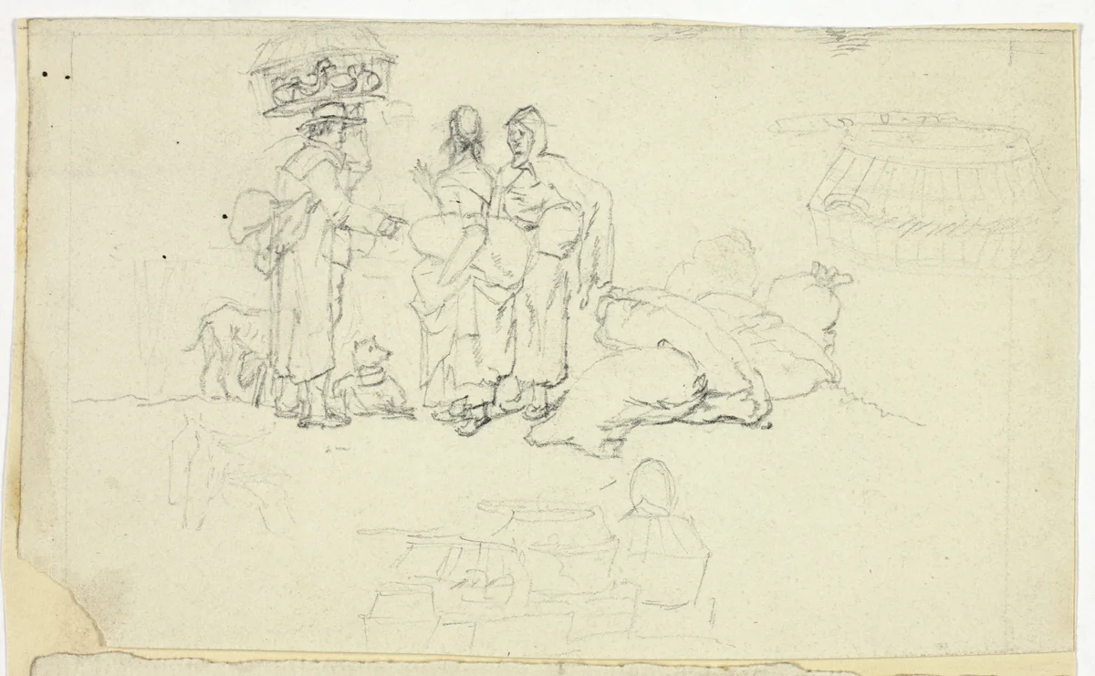 Figures with Market Goods and Three Sketches by William Henry Pyne, drawing, 1789-1843