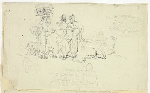Figures with Market Goods and Three Sketches by William Henry Pyne, drawing, 1789-1843