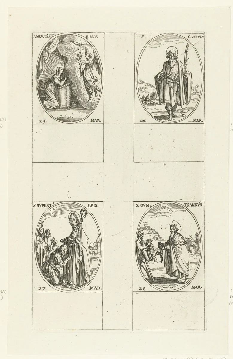 Annunciatie (Maria-Boodschap), Heilige Castulus van Rome, Heilige Rupertus van Salzburg, Heilige Guntramus van Bourgondië (25-28 maart) by Jacques Callot, print, 1632-1636
