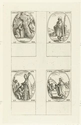 Annunciatie (Maria-Boodschap), Heilige Castulus van Rome, Heilige Rupertus van Salzburg, Heilige Guntramus van Bourgondië (25-28 maart) by Jacques Callot, print, 1632-1636