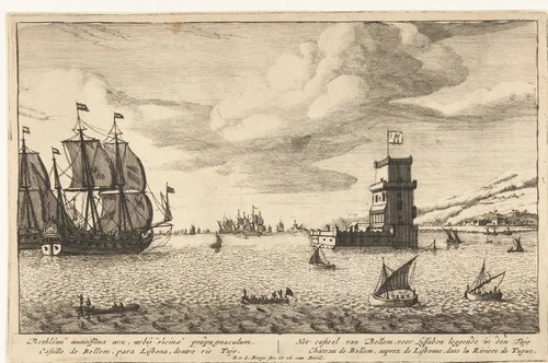 Toren van Belém in de rivier Taag gelegen by Pieter van den Berge, print, 1694-1737