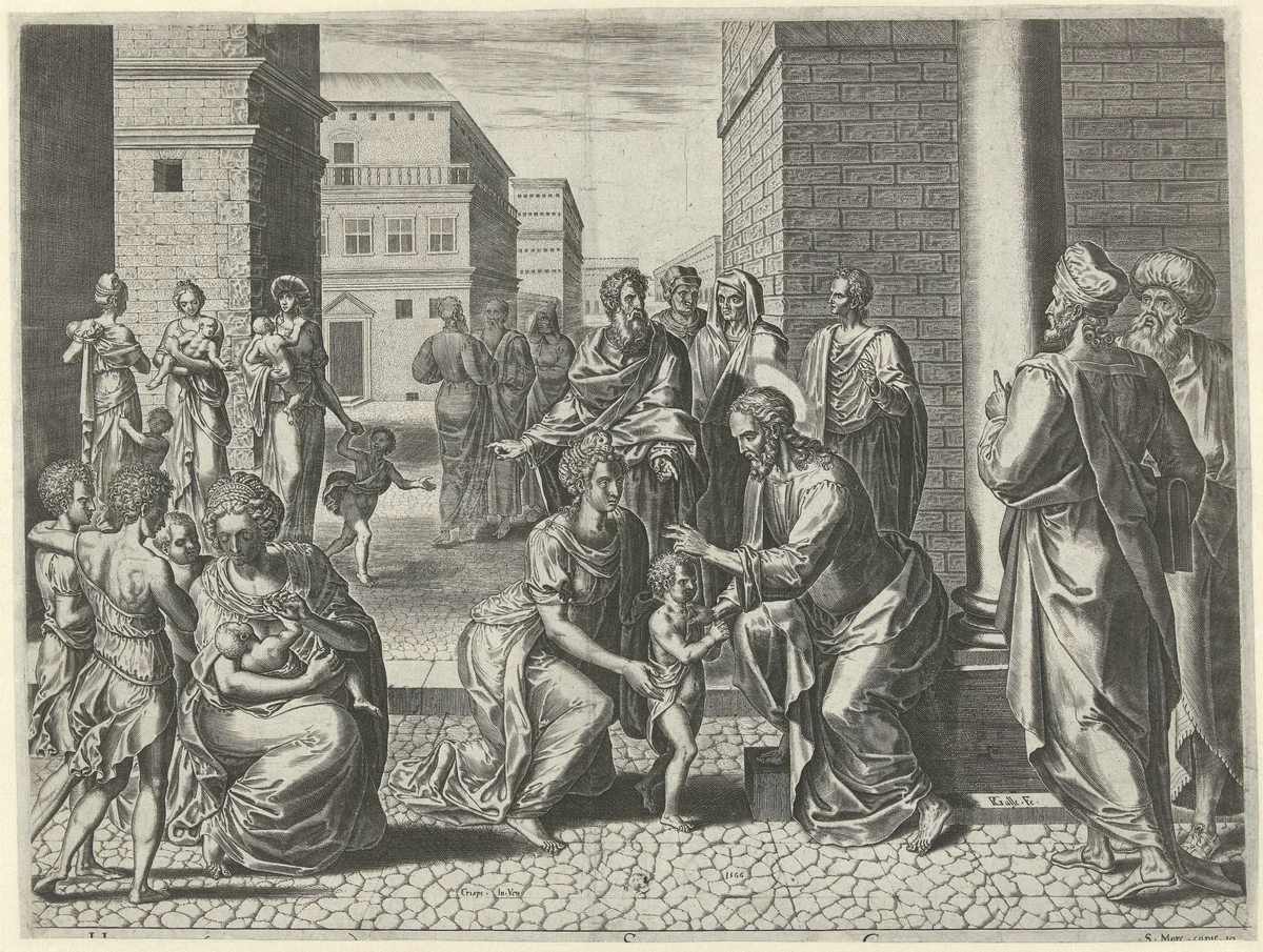 Christus zegent de kinderen by Unknown, print, 1566