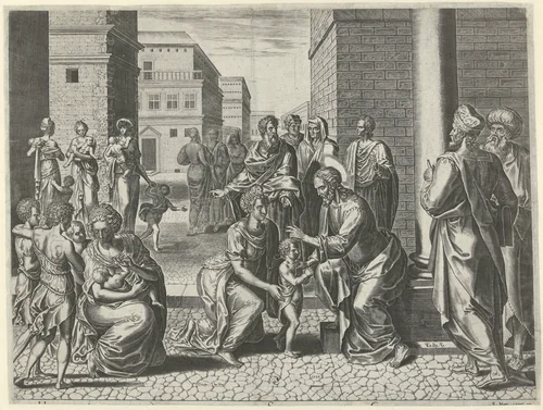 Christus zegent de kinderen by Unknown, print, 1566