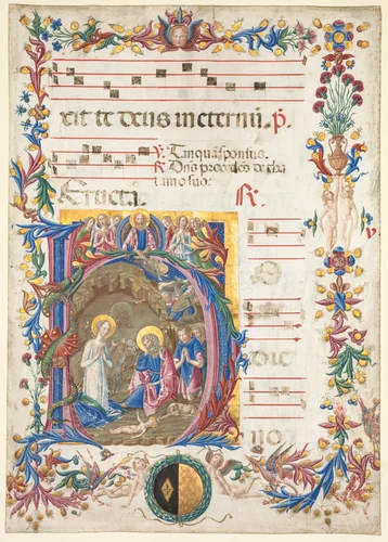 Single Leaf from an Antiphonary: Initial H[odie nobis] with The Nativity by Benvenuto di Giovanni, manuscript, 1471