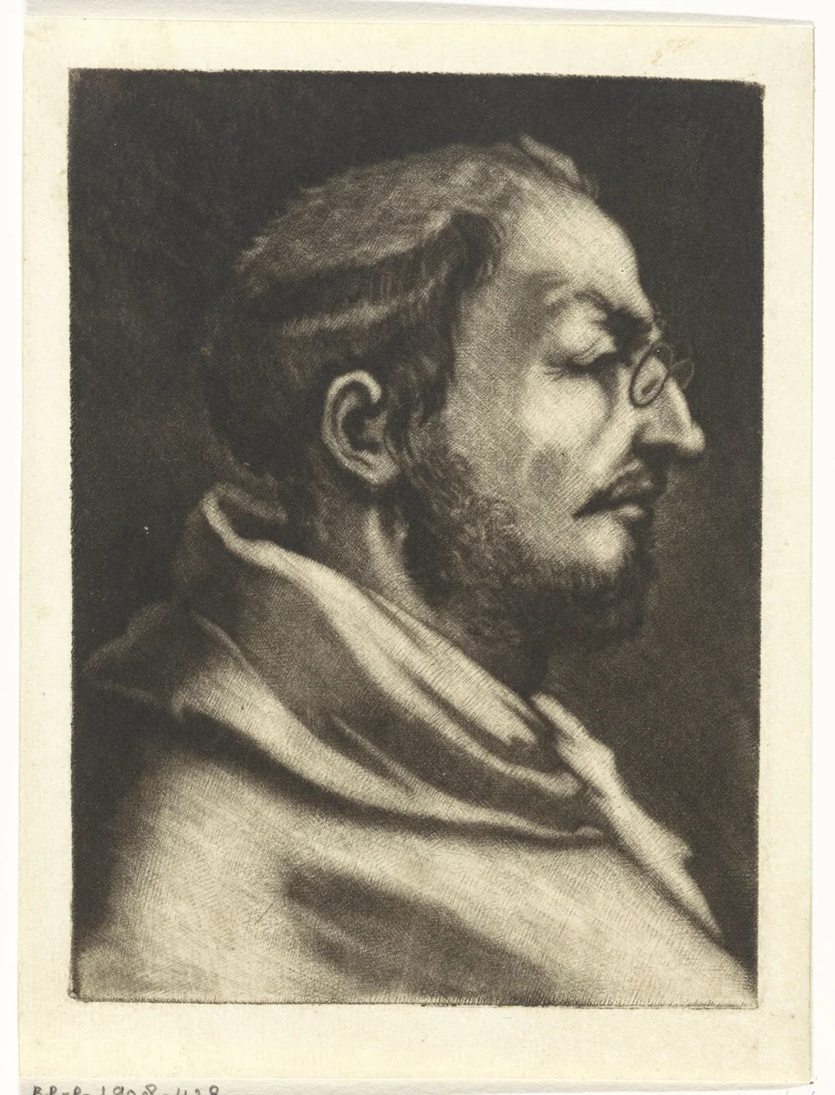 Monnik met een knijpbril in profiel by Matthijs Pool, print, 1680-1740