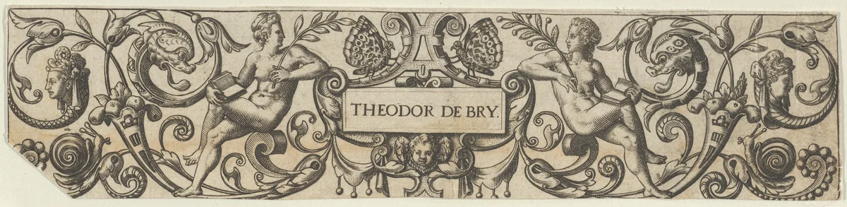 Frieze with Two Female Figures Holding Books by Theodor de Bry, print, 1585-1595