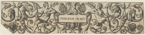 Frieze with Two Female Figures Holding Books by Theodor de Bry, print, 1585-1595