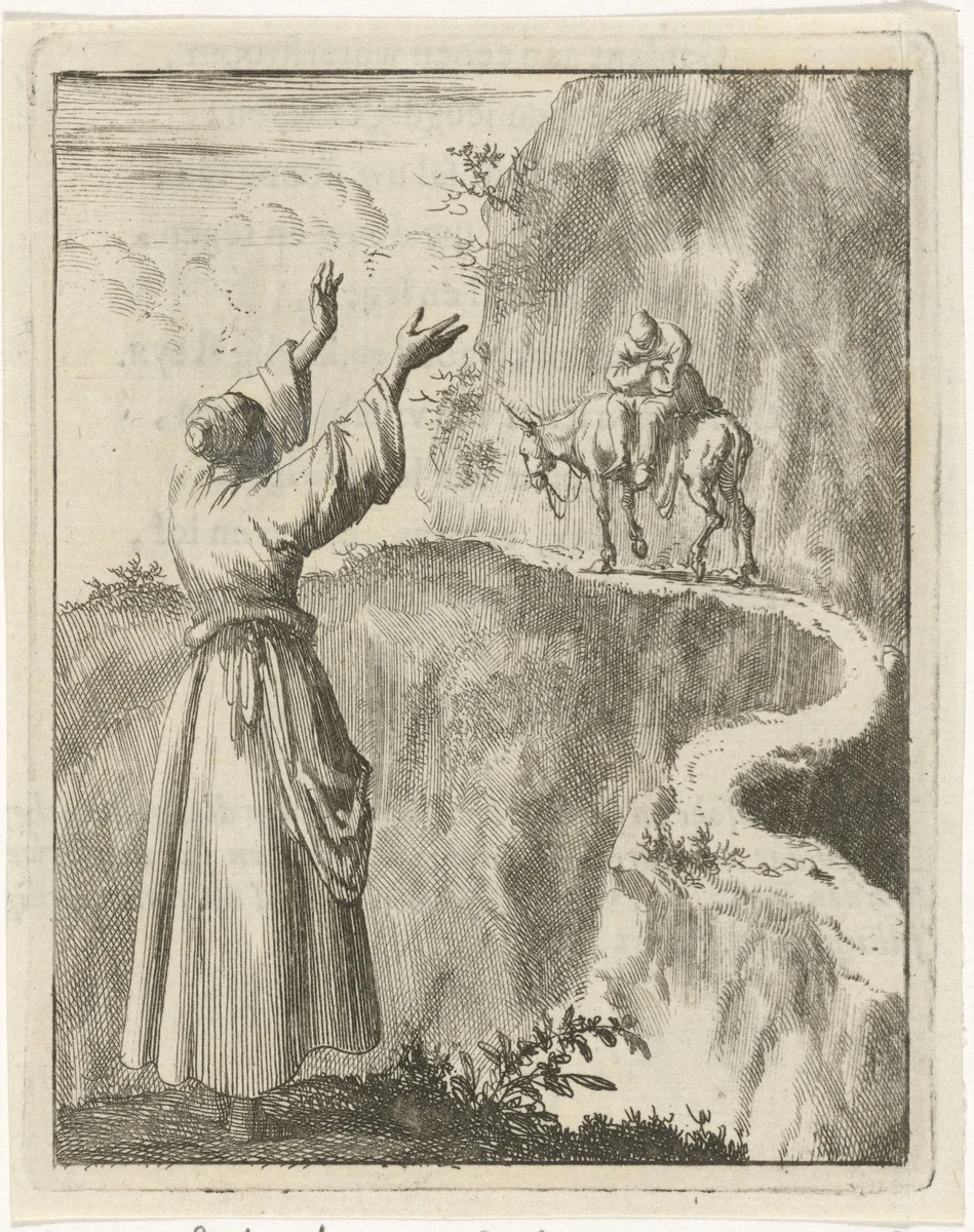 Vrouw kijkt verschrikt naar een slapende man die op een ezel een smal bergpad bestijgt by Jan Luyken, print, 1687