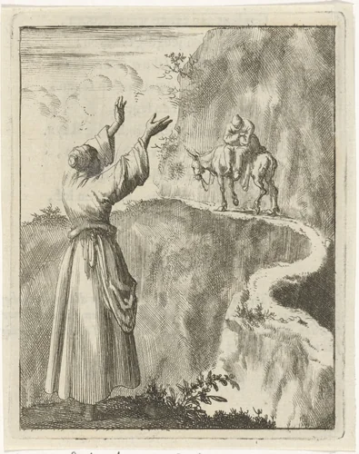 Vrouw kijkt verschrikt naar een slapende man die op een ezel een smal bergpad bestijgt by Jan Luyken, print, 1687