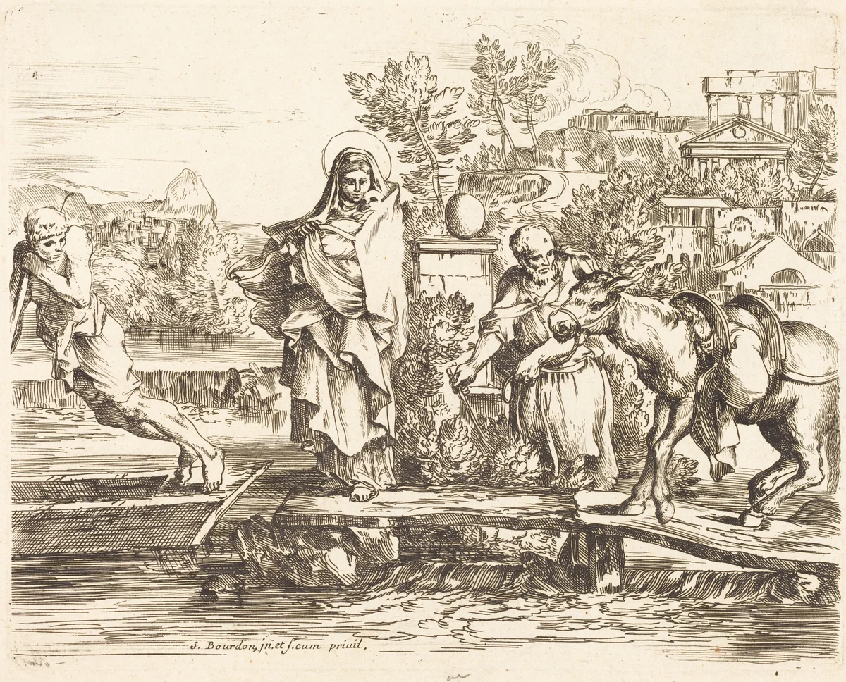 The Holy Family Preparing to Embark by Sébastien Bourdon, print, 1616-1671