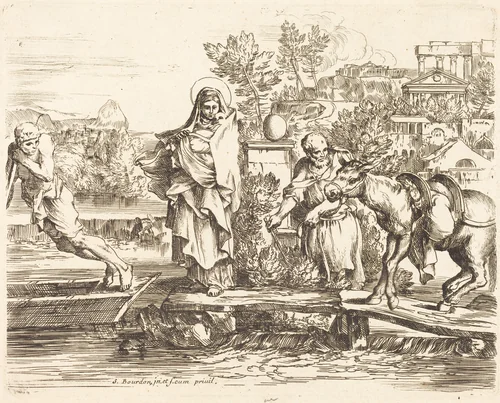 The Holy Family Preparing to Embark by Sébastien Bourdon, print, 1616-1671