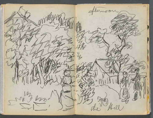 Sketchbook- The Granite Shore Hotel, Rockport, page 104- 105: "Afternoon , the hill" by Maurice Prendergast, book, 1905-1910
