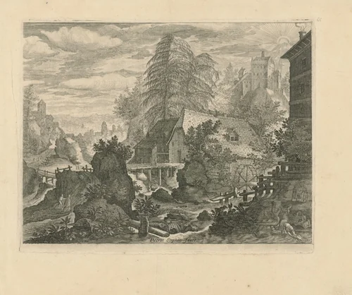 Rotslandschap met een watermolen by Aegidius Sadeler, print, 1597-1629