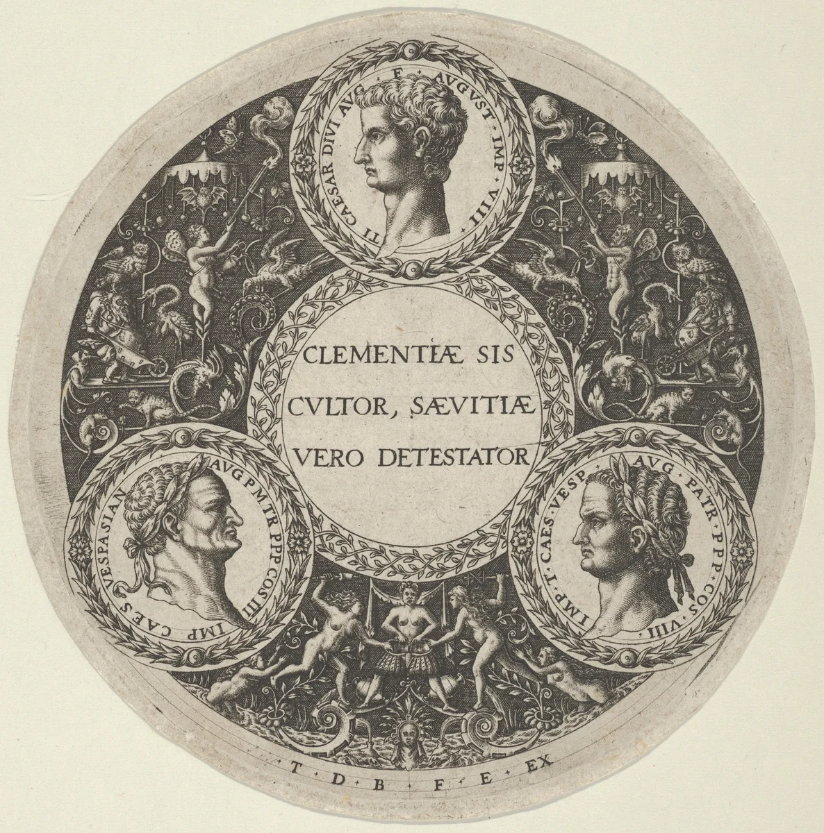 Design for a Dish with Portraits of the Roman Emperors Tiberius, Vespasian, and Titus by Theodor de Bry, print, 1583-1593