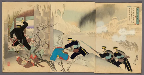 Capturing the Fortress at Niuzhuang (Gyusojo senryo) by Hashimoto Chikanobu, print, 1895