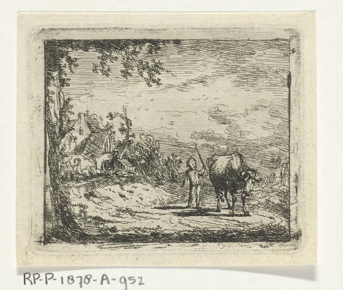 Landschap met putto en koe by Geerlig Grijpmoed, print, 1775-1788