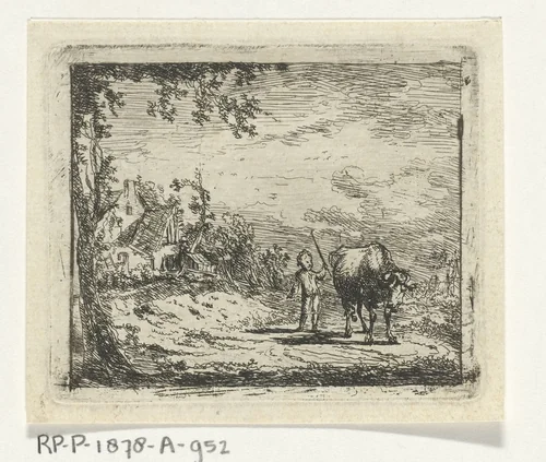 Landschap met putto en koe by Geerlig Grijpmoed, print, 1775-1788