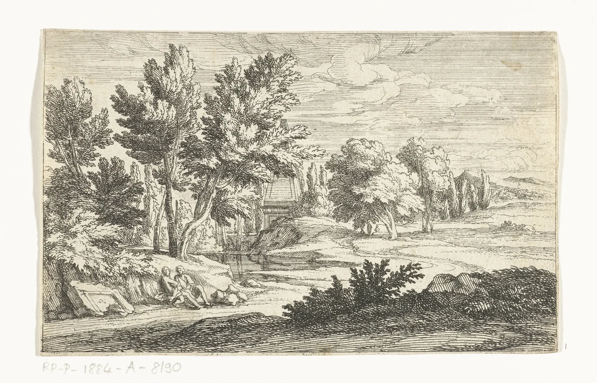 Landschap met grafmonument by Adriaen Frans Boudewyns, print, 1666-1681