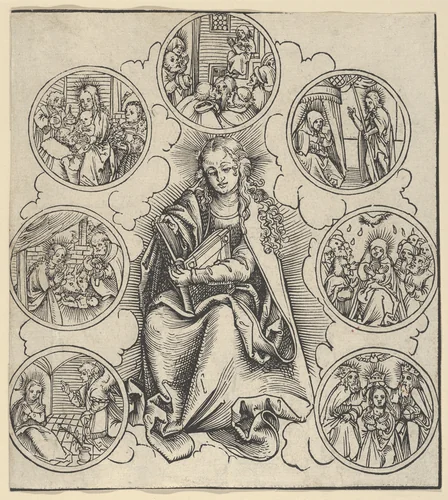 The Virgin Surrounded by Sven Medaillons Representing the Seven Joys of the Virgin by Lucas Cranach, print, 1472-1553