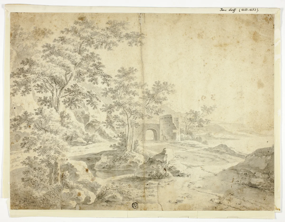 Landscape with Ruin by Water by Jan Both, drawing, 1638-1652