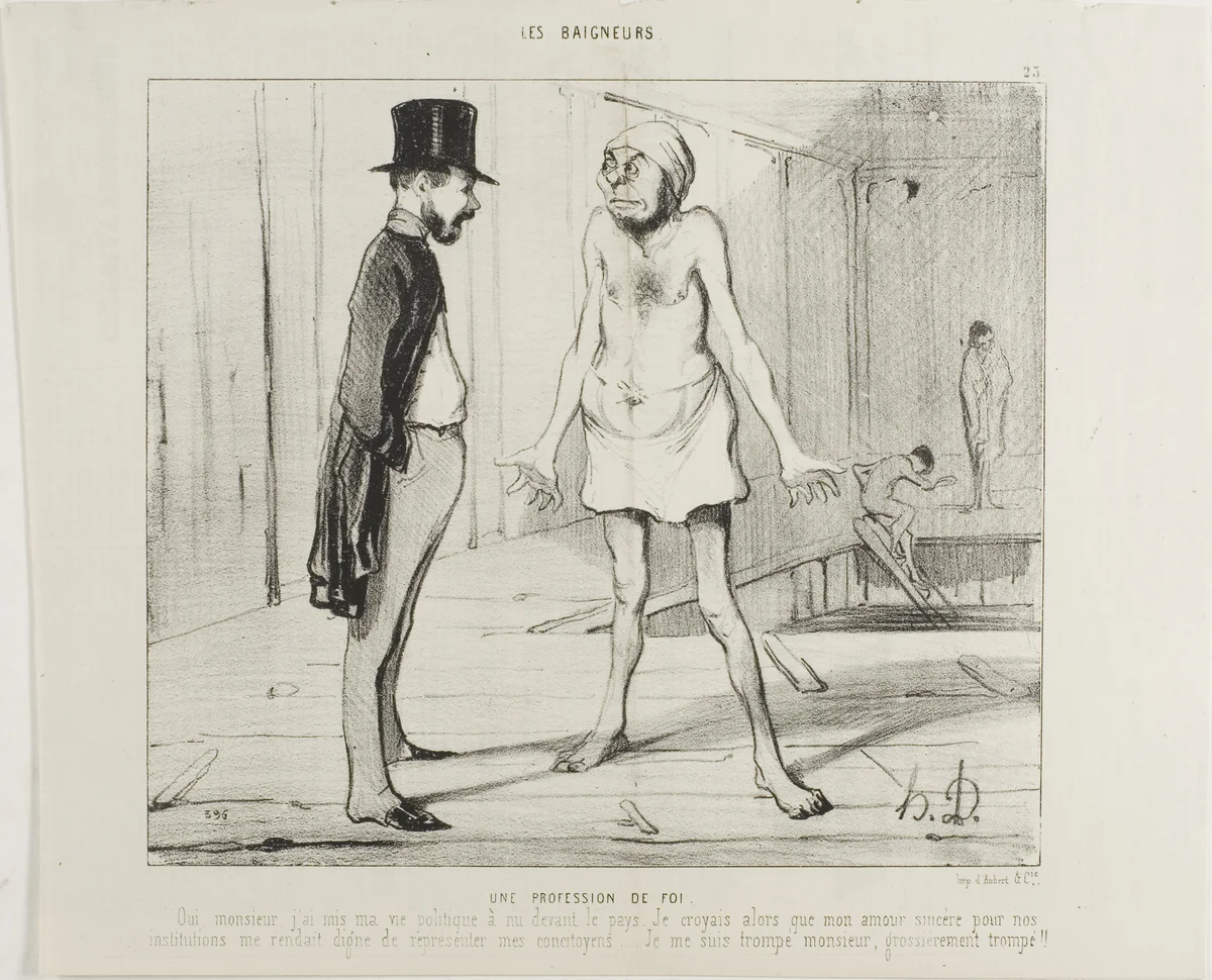 A Confession Of Faith. “Yes Sir, I bared my political life in pure sincerity before my country. I was convinced that my true love for our institutions would make me worthy of representing my fellow citizens. I was wrong, Monsieur, it seems the nation wasn't ready for this yet,” plate 23 from Les Baigneurs by Honoré-Victorin Daumier, print, 1842