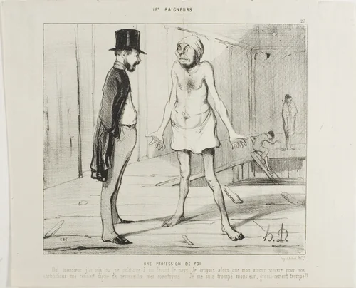 A Confession Of Faith. “Yes Sir, I bared my political life in pure sincerity before my country. I was convinced that my true love for our institutions would make me worthy of representing my fellow citizens. I was wrong, Monsieur, it seems the nation wasn't ready for this yet,” plate 23 from Les Baigneurs by Honoré-Victorin Daumier, print, 1842