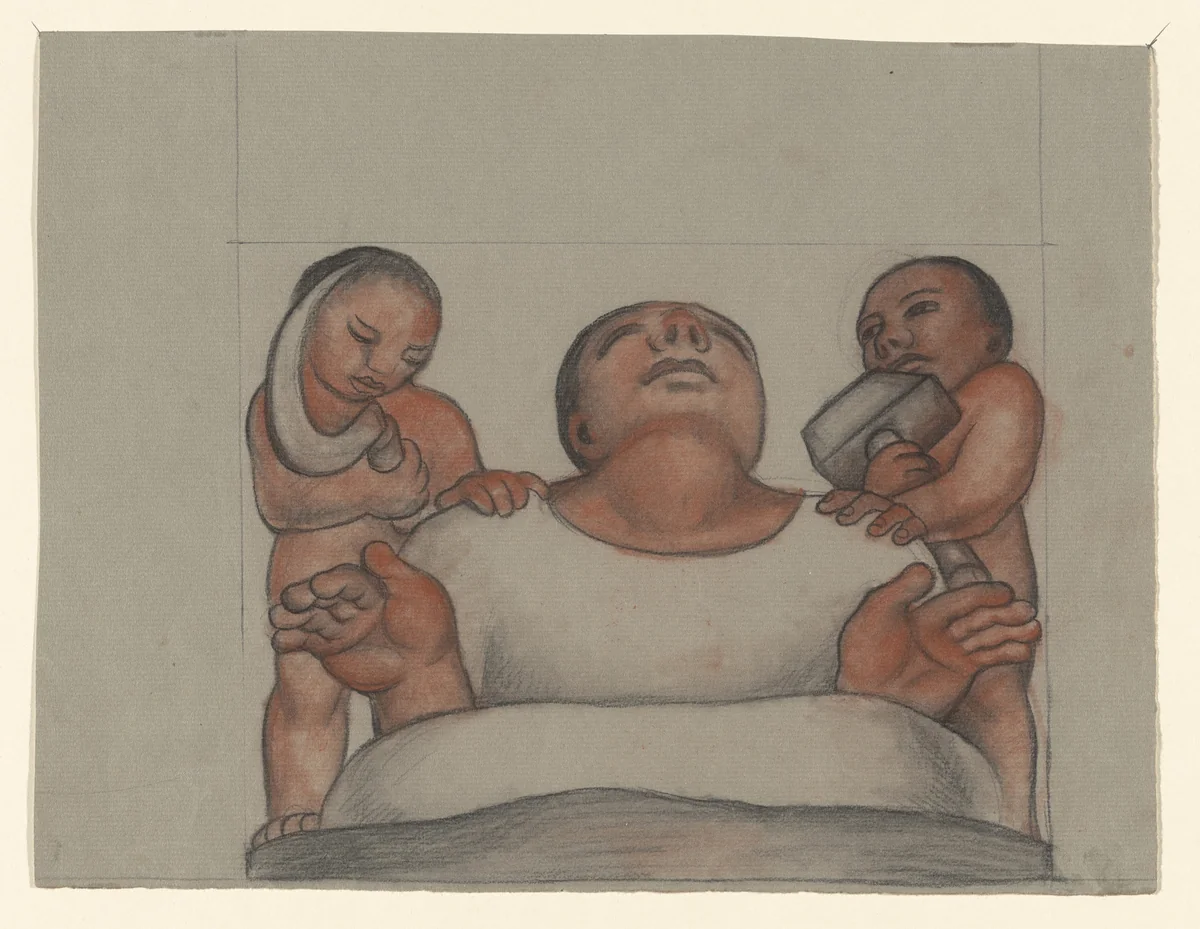 Woman with Two Children by Diego Rivera, drawing, 1925