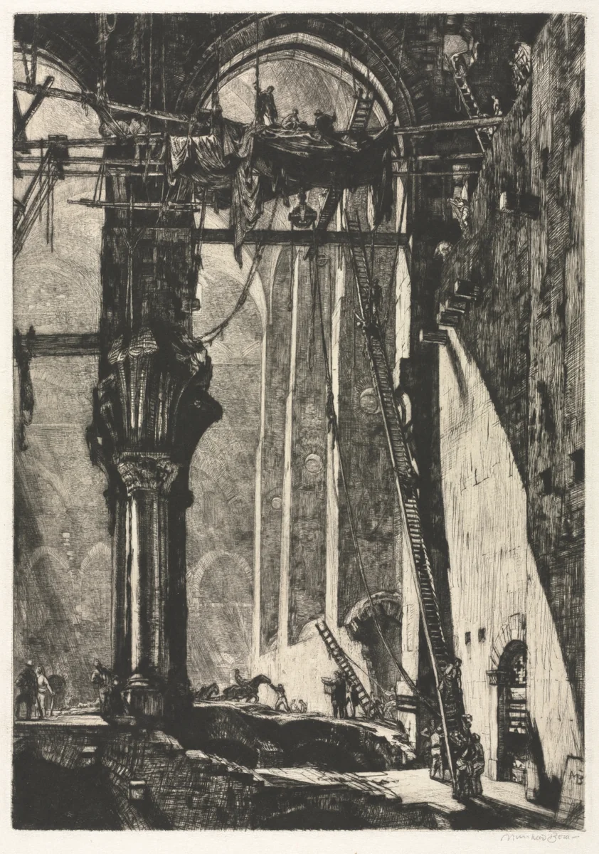 Demolition of St. James Hall, Interior by Muirhead Bone, print, 1906