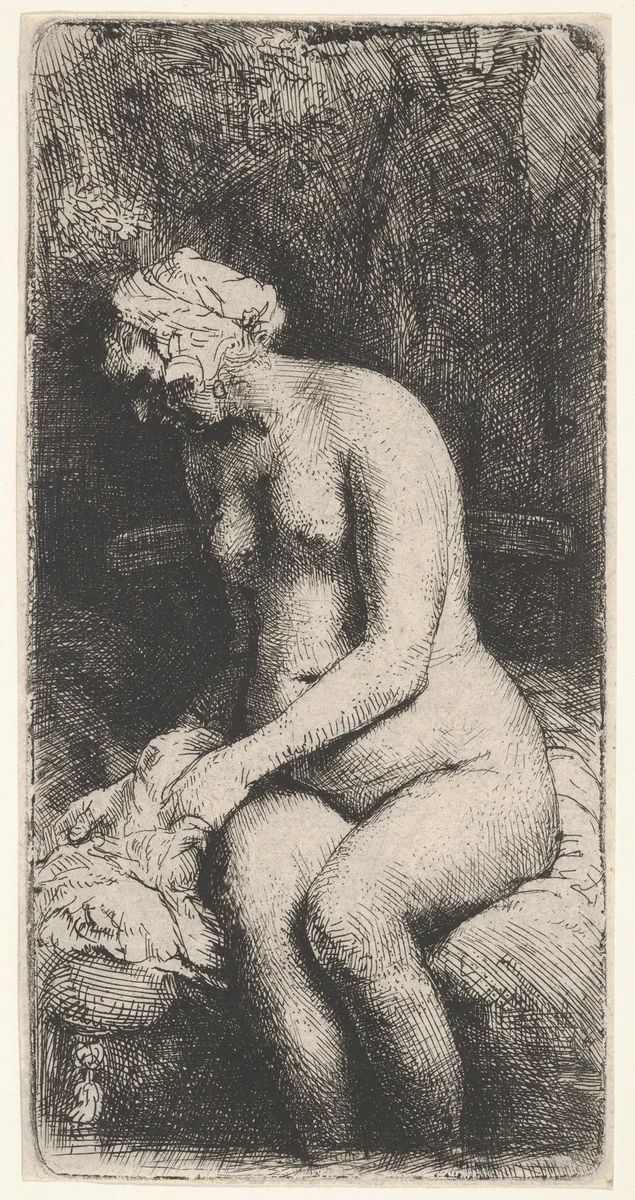 Woman Bathing her Feet at a Brook by Rembrandt van Rijn, print, 1658