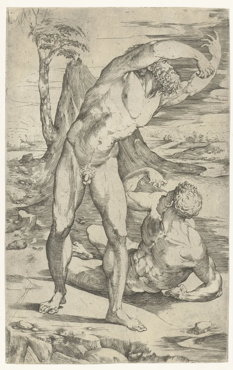 Twee naakte mannen in een landschap by Unknown, print, 1535-1540