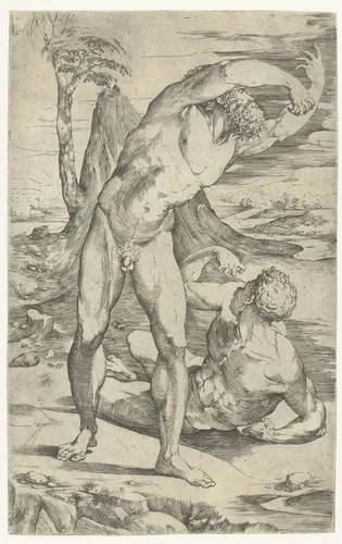 Twee naakte mannen in een landschap by Unknown, print, 1535-1540