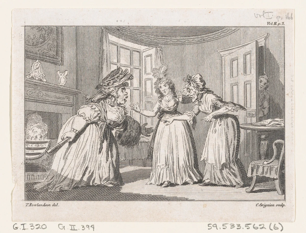 A Drawing Room Altercation, an illustration from Tobias Smollett's "The Expedition of Humphry Clinker" (London, 1793), Vol. 1 by Charles Grignion, print, 1793