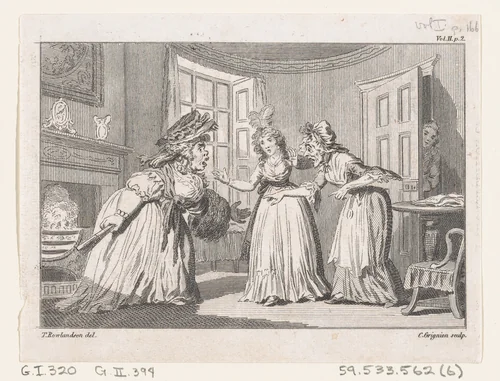 A Drawing Room Altercation, an illustration from Tobias Smollett's "The Expedition of Humphry Clinker" (London, 1793), Vol. 1 by Charles Grignion, print, 1793
