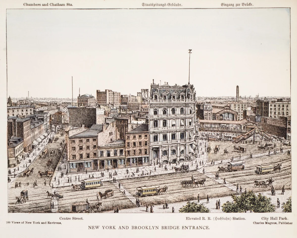 New York and Brooklyn Bridge Entrance by Charles Magnus & Company, print, 1885-1900