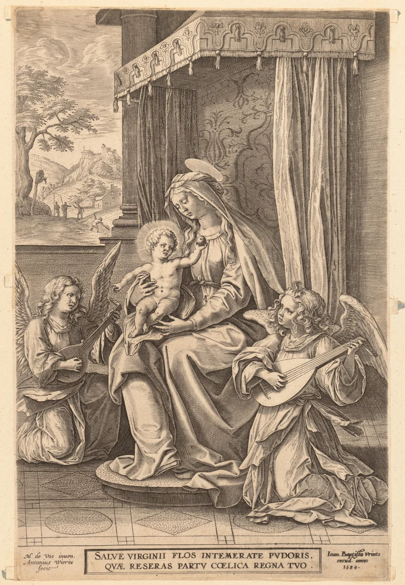 Virgin and Child Enthroned with Two Musical Angels by Jan Wierix, print, 1560-1615