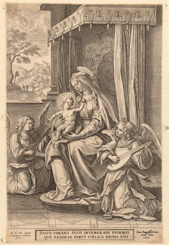 Virgin and Child Enthroned with Two Musical Angels by Jan Wierix, print, 1560-1615