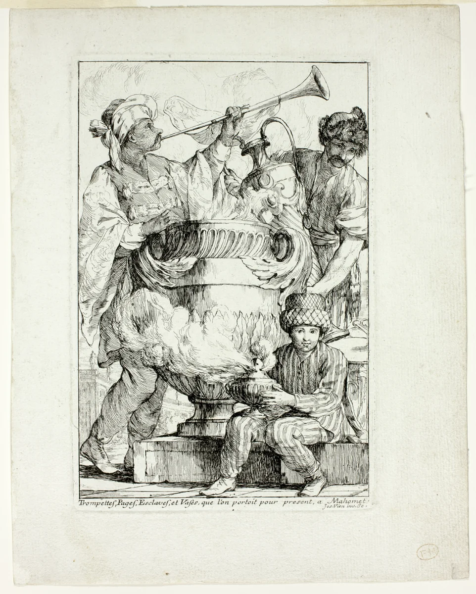 Trompettes, Pages, Esclaves, et Vases que l'on portait pour présent à Mahomet, from Caravanne du Sultan à la Mecque by Joseph-Marie Vien, print, 1748