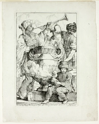 Trompettes, Pages, Esclaves, et Vases que l'on portait pour présent à Mahomet, from Caravanne du Sultan à la Mecque by Joseph-Marie Vien, print, 1748