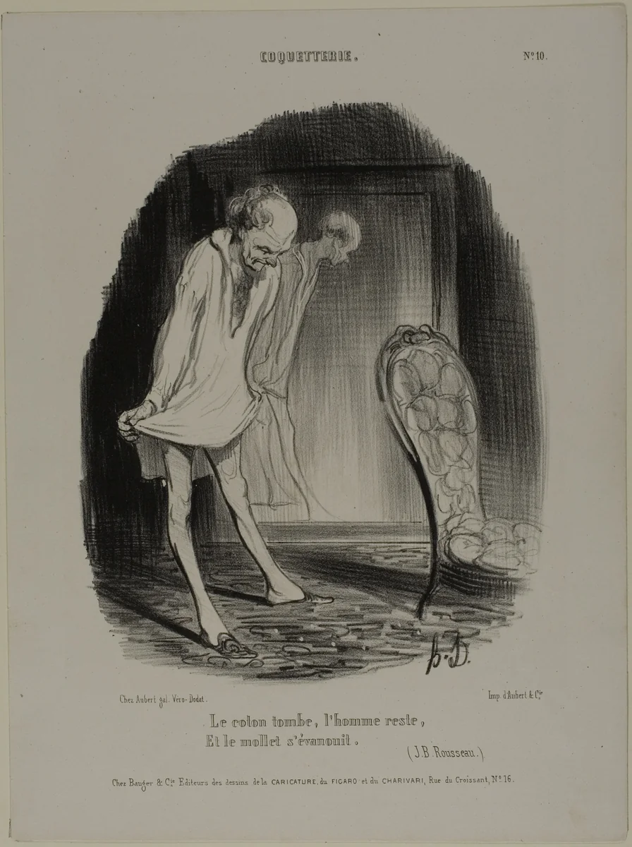 The Cotton Gown Falls, Man Remains, and the Calf Fades (J.B. Rousseau), plate 10 from Coquetterie by Honoré-Victorin Daumier, print, 1840