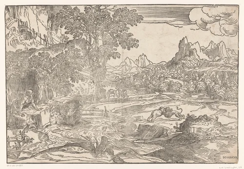 Landschap met Hieronymus en twee leeuwen by Unknown, print, 1530-1535