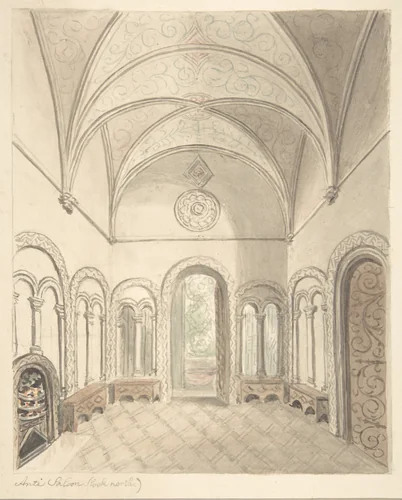 Lea Castle, Worcestershire, Ante-saloon, Looking North by John Carter, drawing, 1811-1821