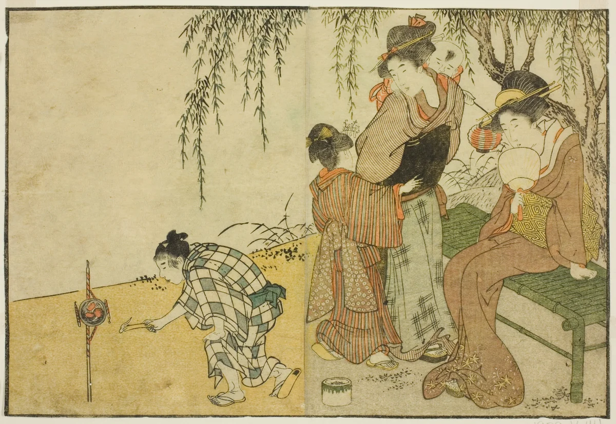 Enjoying Fireworks, from the illustrated book "Picture Book: Flowers of the Four Seasons (Ehon shiki no hana)," vol. 1 by Kitagawa Utamaro (喜多川歌麿), print, 1801