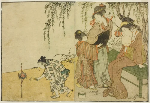 Enjoying Fireworks, from the illustrated book "Picture Book: Flowers of the Four Seasons (Ehon shiki no hana)," vol. 1 by Kitagawa Utamaro (喜多川歌麿), print, 1801