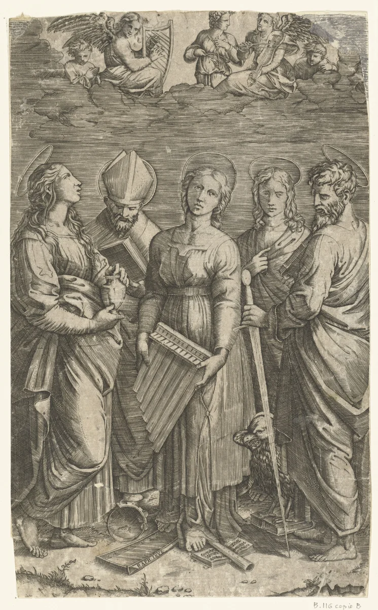 Heilige Cecilia met muziekinstrumenten omringd door vier heiligen by Unknown, print, 1515-1527