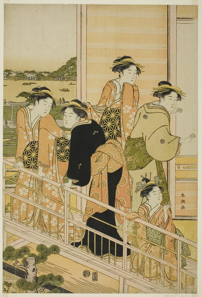 Women on a Balcony of a Yoshiwara Teahouse by Katsukawa Shuncho, print, 1780-1789